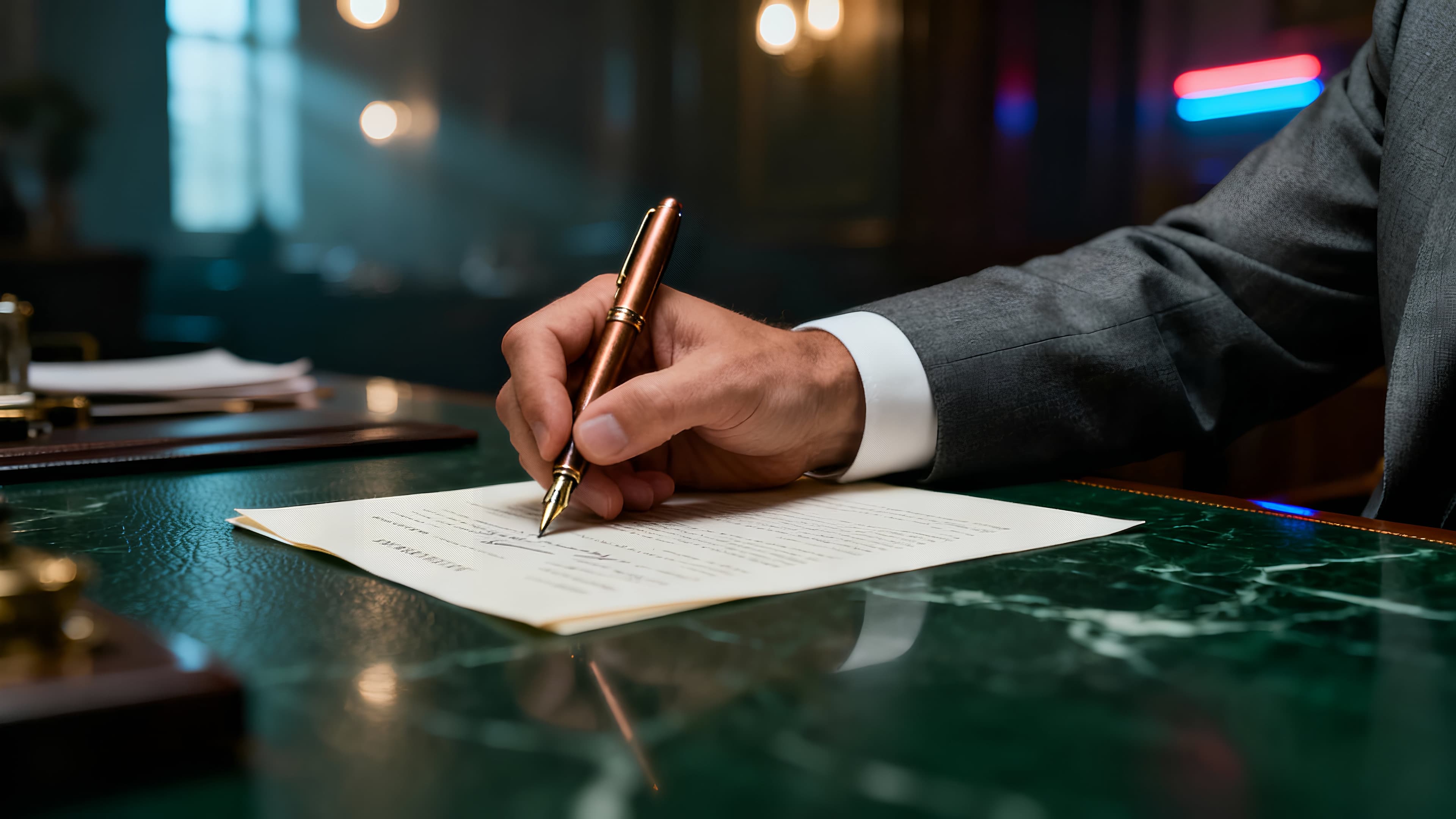 Contractual documents on a marble surface.