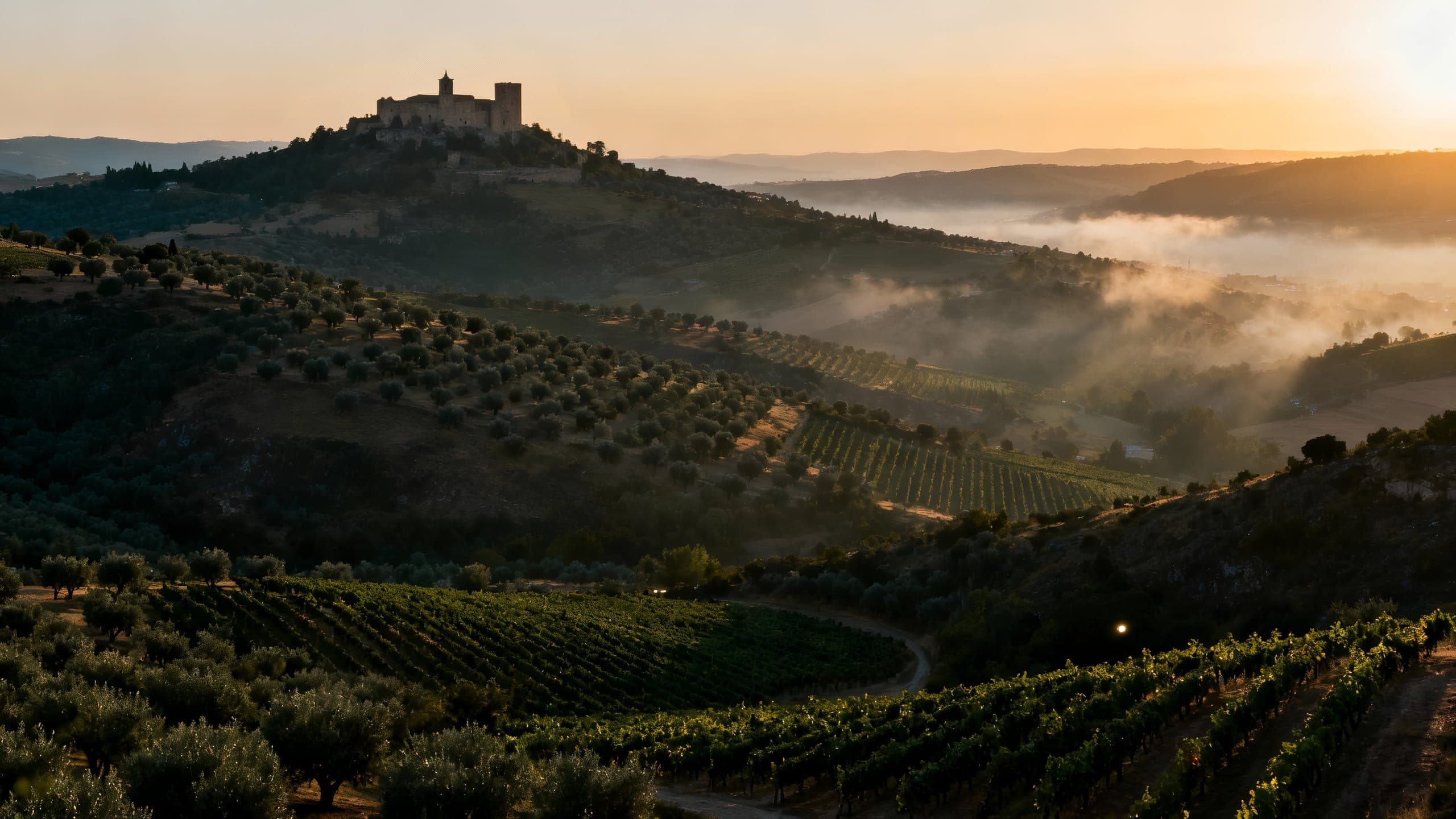 Historic estate at dawn among olive groves and vineyards.