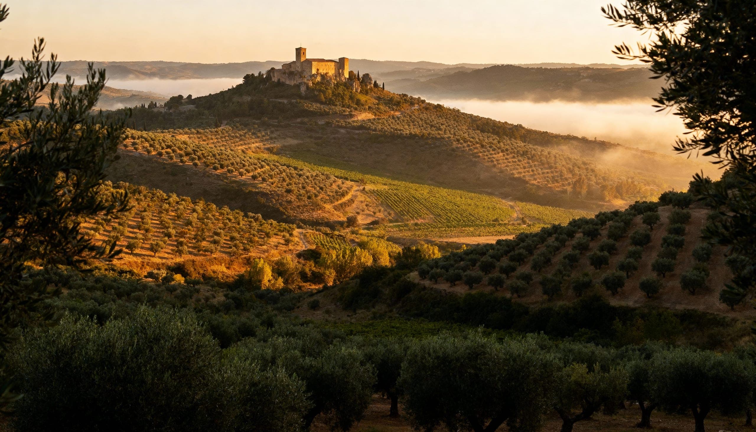 Andalusian countryside at dawn with olive groves.