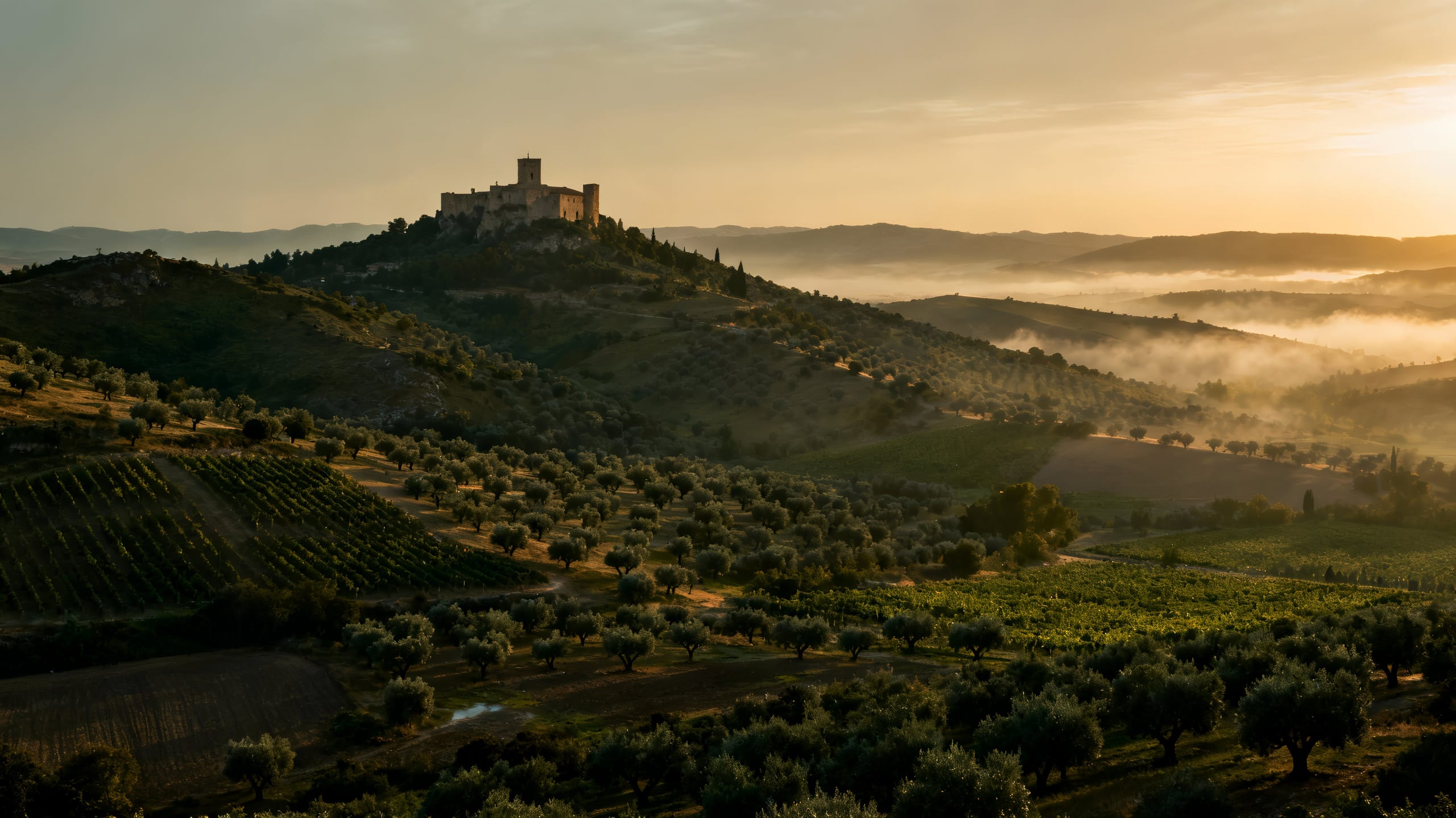 Historic estate above olive groves at golden hour.